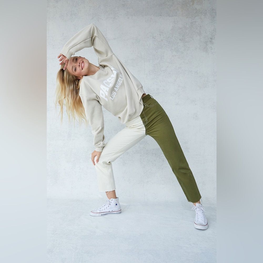 PacSun High Rise Straight Jeans Olive Cream Butty Fly 27